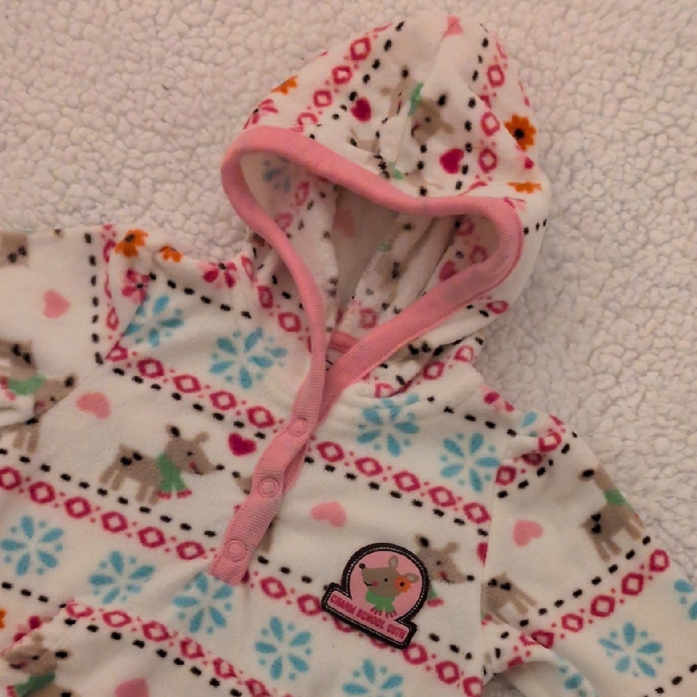 Cozy Kids Hooded One Piece - Pink and White Reindeer & Snowflake Design